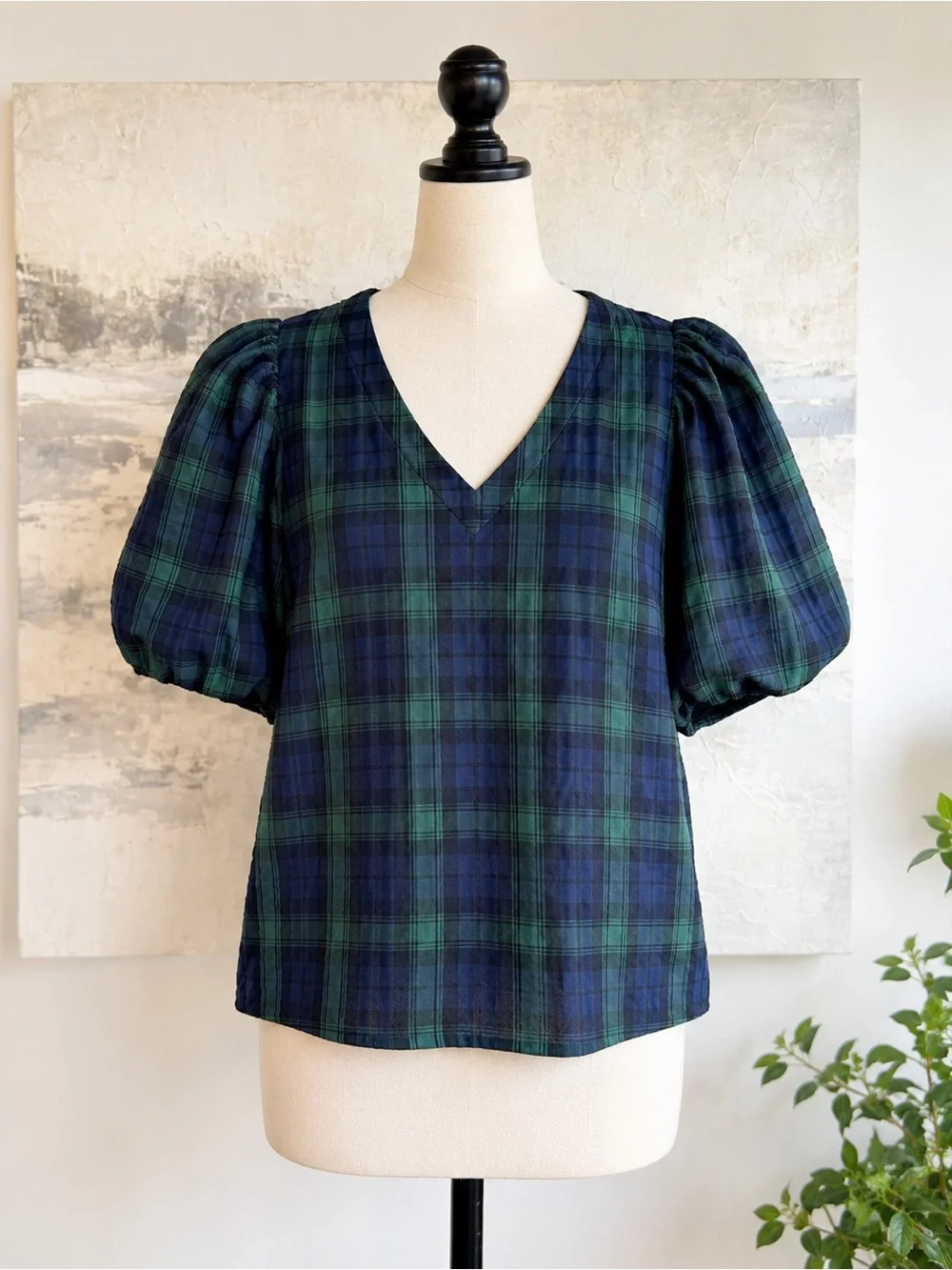 LOFT Green Blue Plaid Puff Sleeve V-Neck Blouse Top Southern Preppy Medium